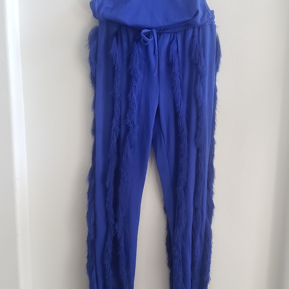 matching Cobalt blue fringed straight leg Pants and matching crop top size large